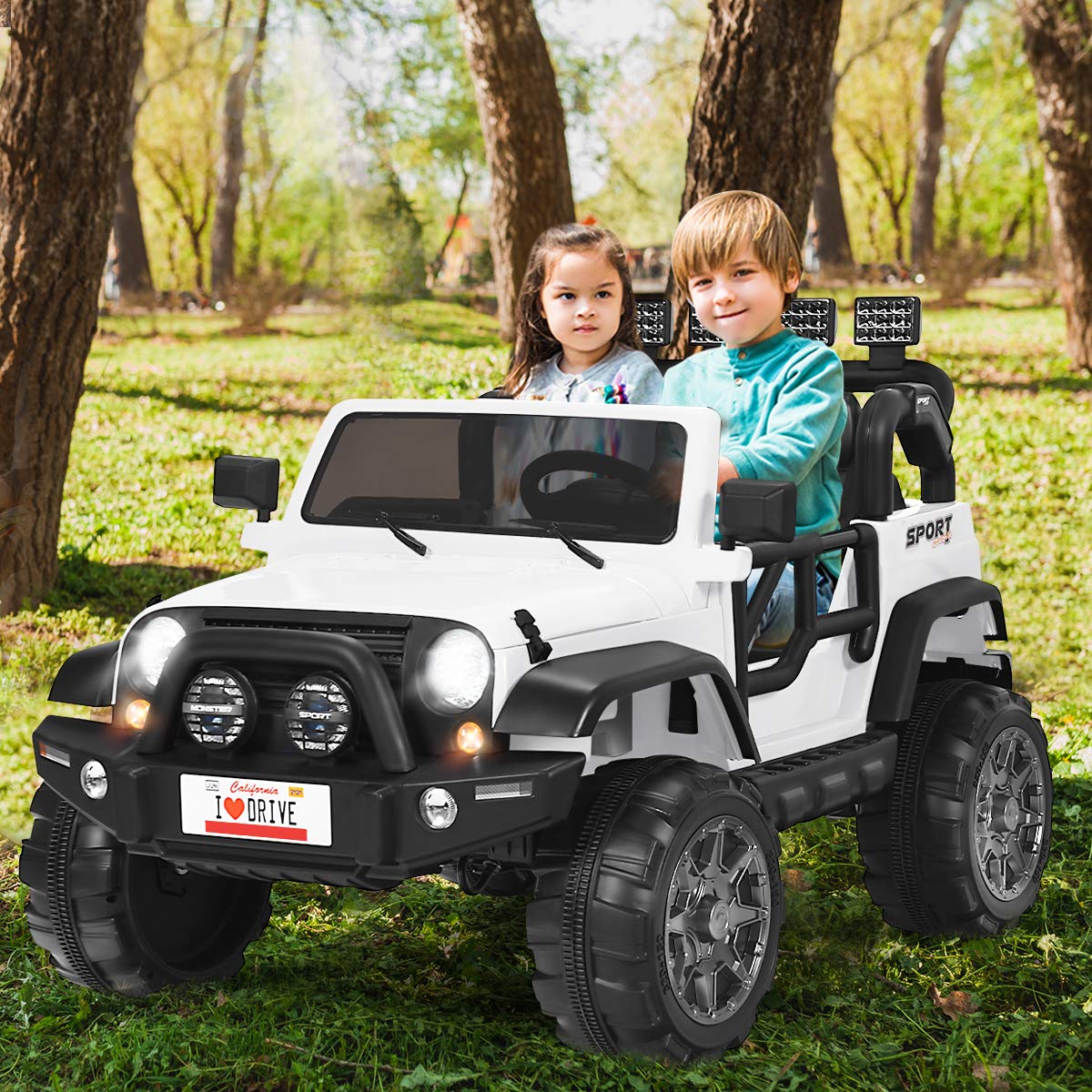 Costzon 2-Seater Ride On Truck, 12V Battery Powered Electric Vehicle Toy W/Remote Control, 3 Speed, Led Lights, Mp3, Horn, Music, 2 Doors Open, Spring Suspension, Ride On Car For Kids (White)