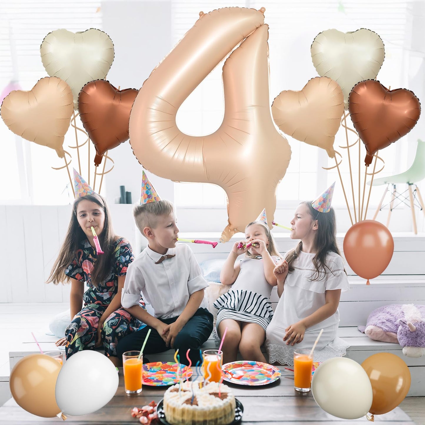 Biapian 40 Inch Light Brown Number 4 Balloons, Caramel Giant 4Th Birthday Balloons With Foil Cream Heart Balloon Helium For 4Th