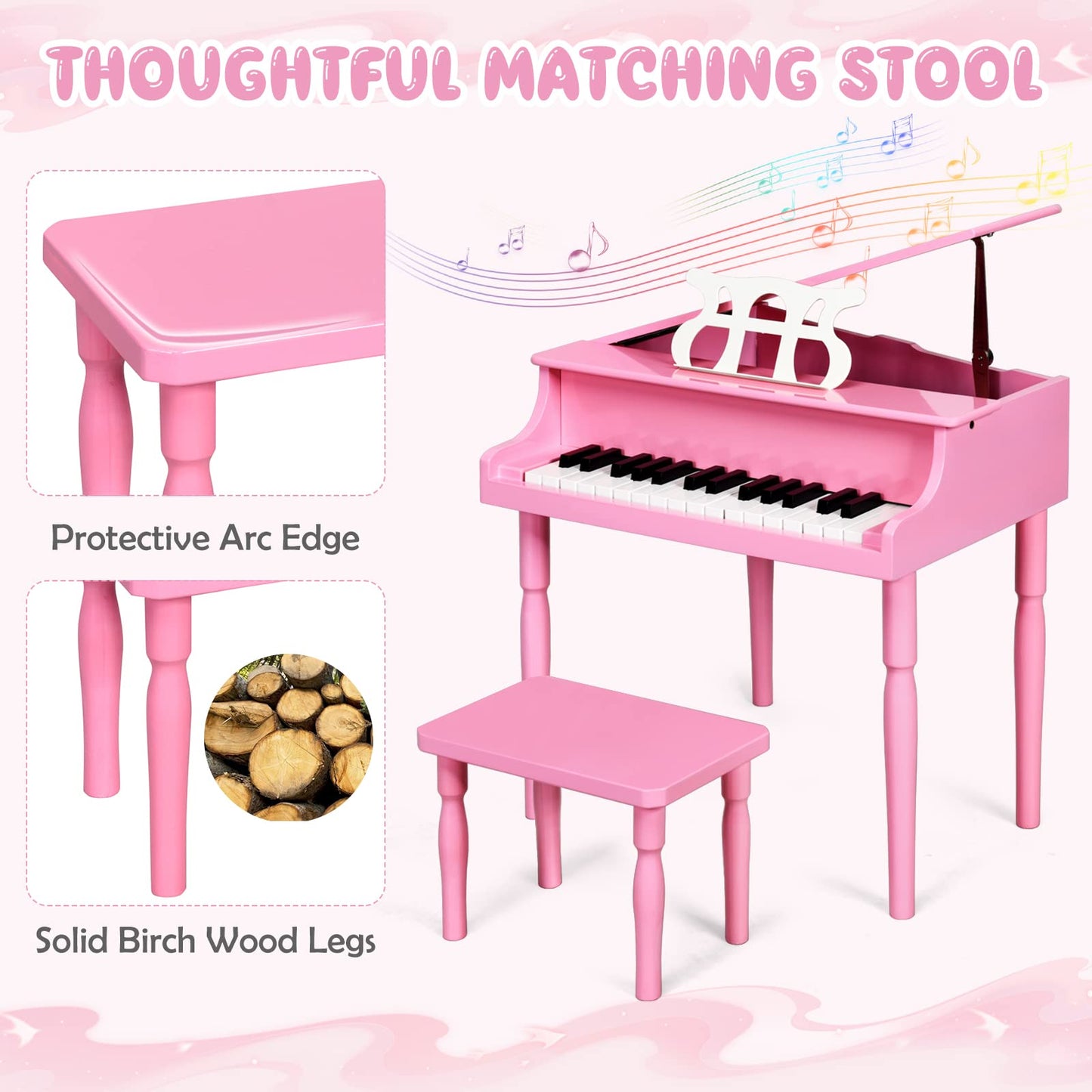 Goplus 30-Key Classical Kids Piano, Mini Grand Piano Wooden Learn-To-Play Musical Instrument Toy With Bench, Piano Lid, Music Rack, Gift For Boys Girls Aged 2+ Baby Tollder(4 Straight Leg-Pink)