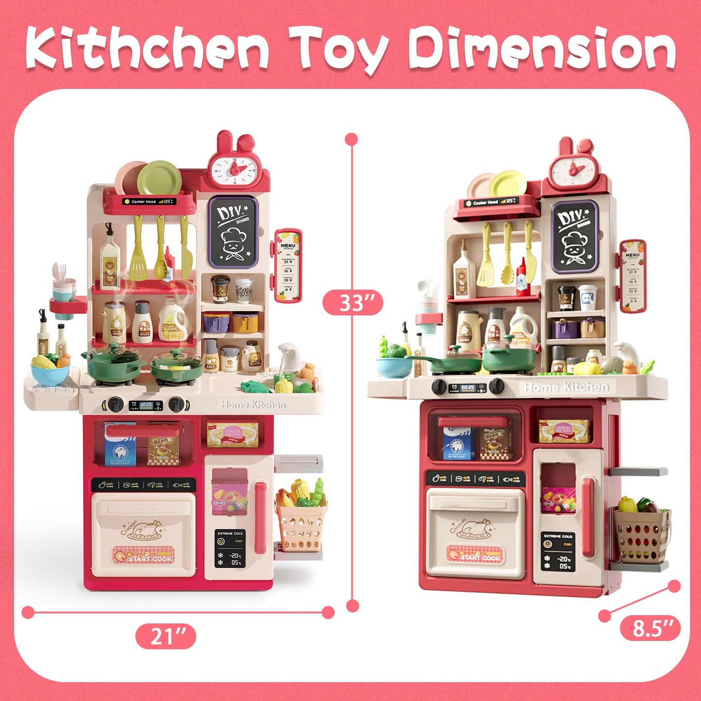 Hitish Kids Kitchen Playset Set, 63Pcs Pretend Play Kitchen Toys For Toddlers, Cooking Stove With Steam Sound Light, Play Sink W