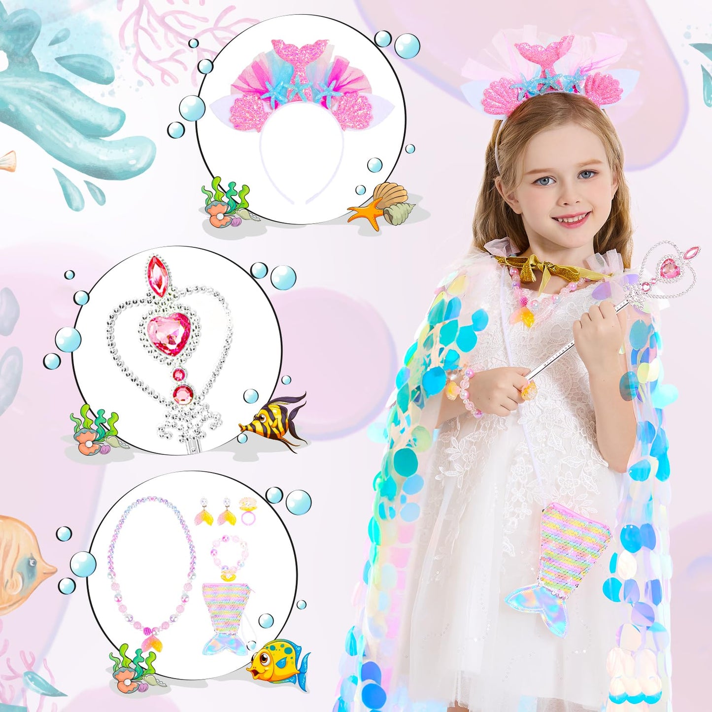 Limiroler Princess Dress Up Toys Princess Dress Up Clothes Rainbow Mermaid Cape Kit 9 Pcs Gift Set For Little Girls 3-8 Years Old, Great Gift Set For Birthday Christmas Halloween (Rainbow Pink)