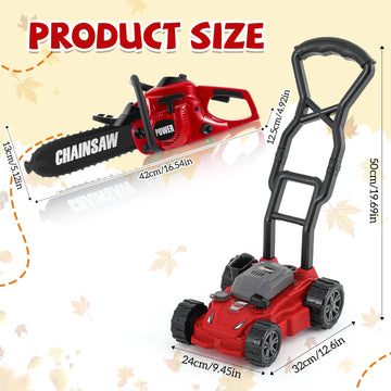 Arrowbash 2 Pcs Toy Gardening Tool Set for Kids Toy Chainsaw Push Lawn Mower Battery Powered Gardening Tool Set with Lights and Sounds Gift for Boys Girls