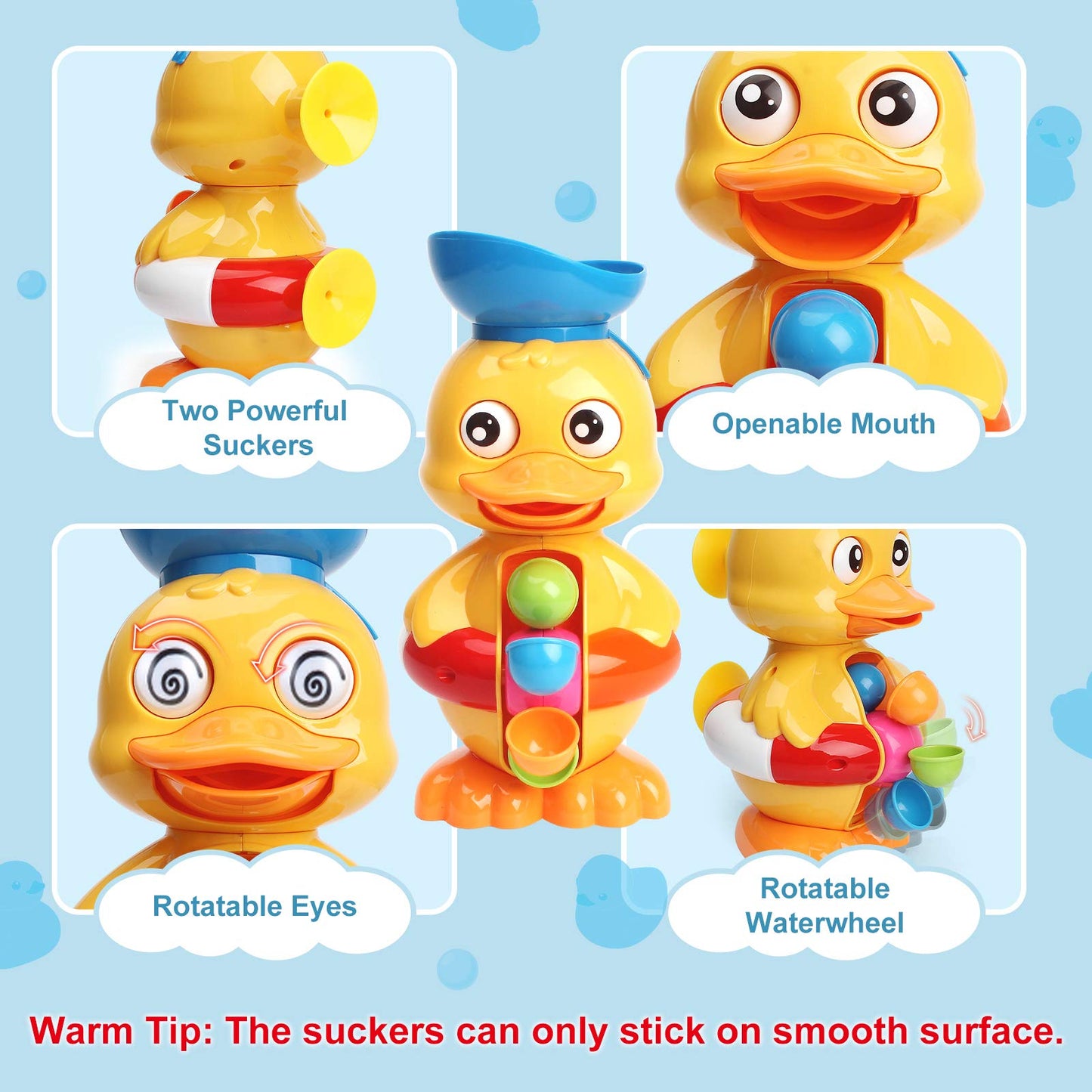 Sitodier Bath Bathtub Toys For Toddlers 18+ Months | Duck Bathtub Toys With Rotatable Waterwheel/Eyes | Bathroom Strong Suckers Water Scoop Fun Bath Toys For Toddlers Boys Girls 2-4 Years