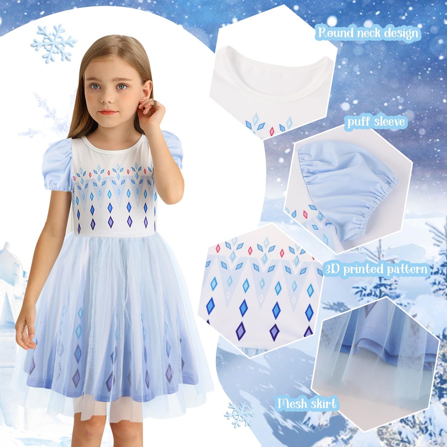 Benylion Princess Dress For Girls Princess Dresses Party Wear Puff Sleeve Tulle Dress For 3-4 Years,White
