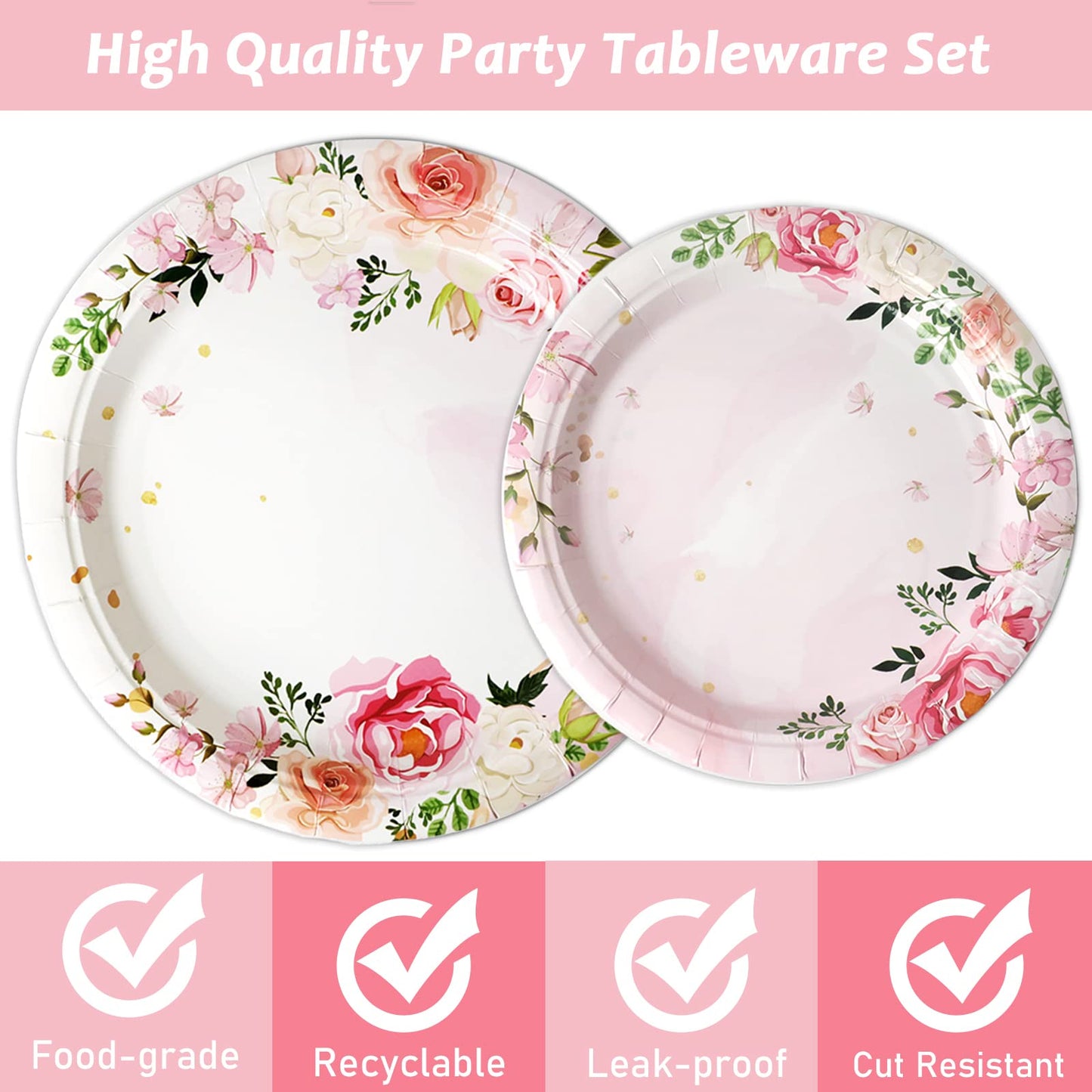 Gisgfim 96 Pcs Floral Party Plates And Napkins Party Supplies Pink Spring Flower Theme Party Tableware Set Watercolor Floral Tea