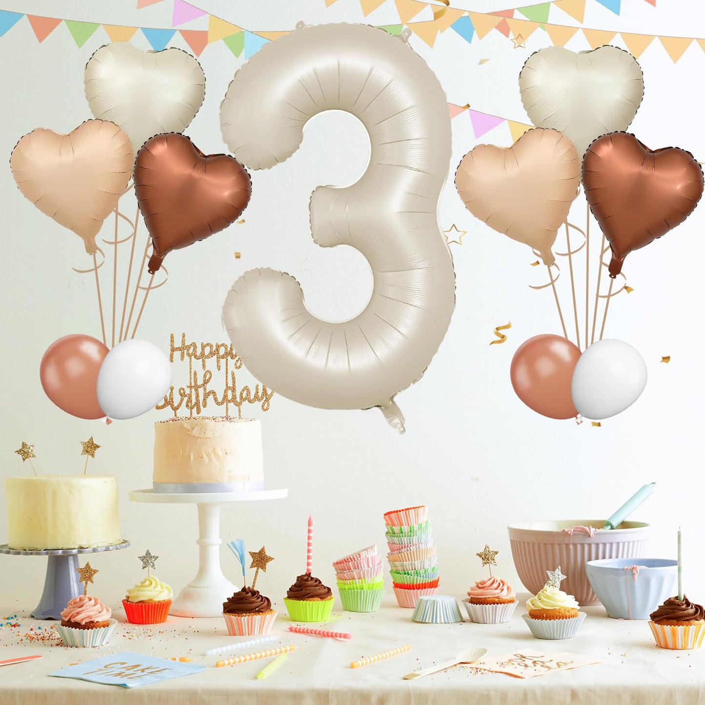 Biapian 40 Inch Cream White Number 3 Balloons, Beige White Large Number 3 Balloons With 18'' Cream Foil Heart Balloons Helium Fo