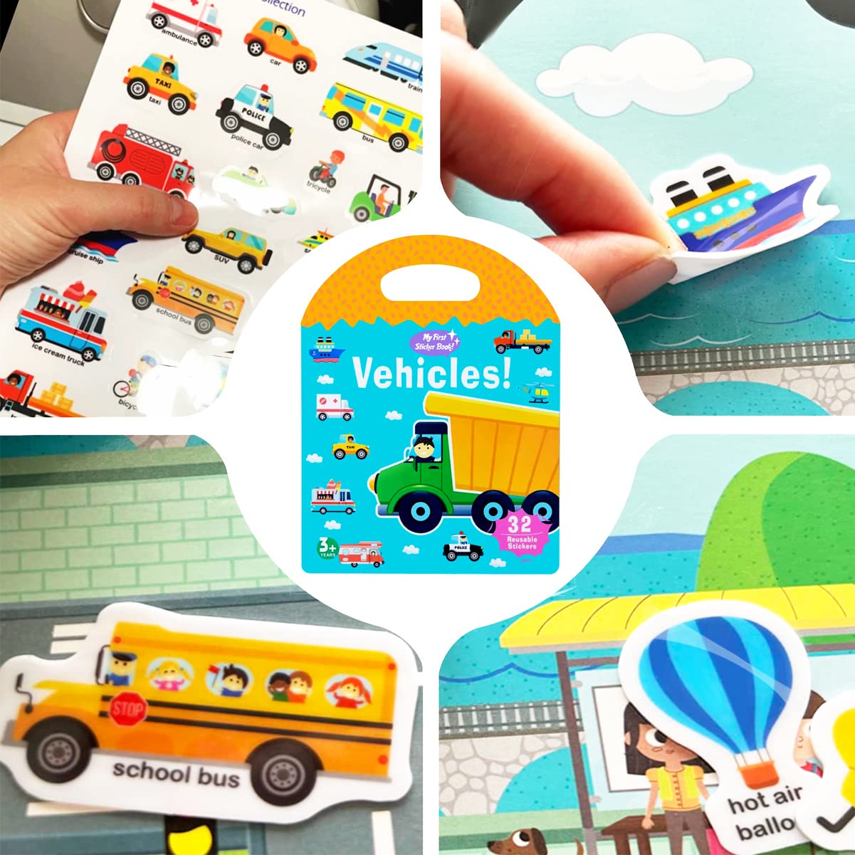 Portable Jelly Quiet Busy Sticker Book, Vehicles Reusable Sticker Books For Kids, Toddler Sticker Activity Book Preschool Learning Activities Educational Toys For Girls Boys Age 3+ Birthday Gifts