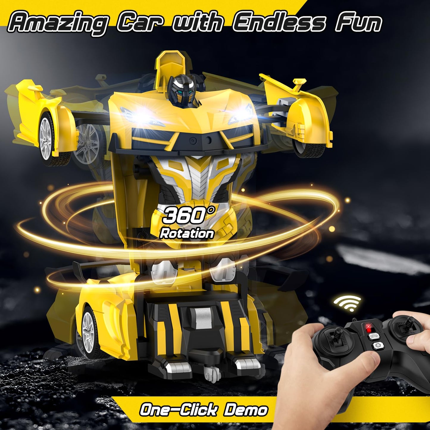 Qumcou Remote Control Car, Transform Robot RC Cars with Cool Headlights, 2.4Ghz Kids Toys Car with 360 Degree Rotation and One-B