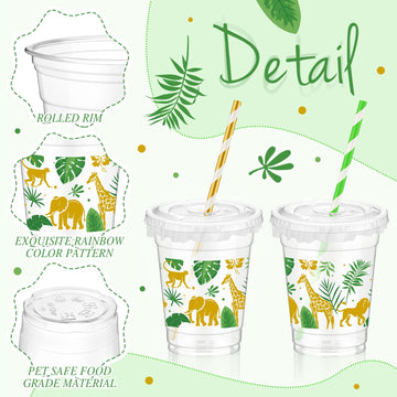 Foldtier 50 Pcs Jungle Safari Animals Cups Disposable Plastic Cup 12 Oz Golden Green Cups Thick Wild Theme Clear Cups Lids Straw