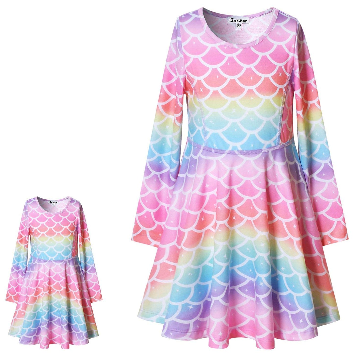 Rainbow Mermaid Dresses Matching Doll&Girls Long Sleeve Birthday Gifts 4T 5T