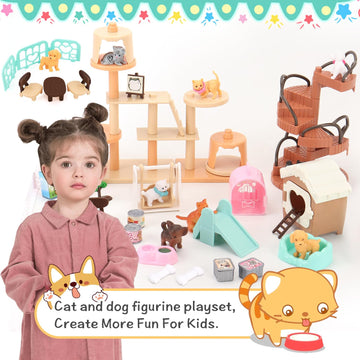 BananMelonBM 67 PCS Cat and Dog Pet Figurine Playset Pretend Play Toy for Kids Creative DIY Realistic Detailed Educational Gift for Kids Toddlers Boys and Girls