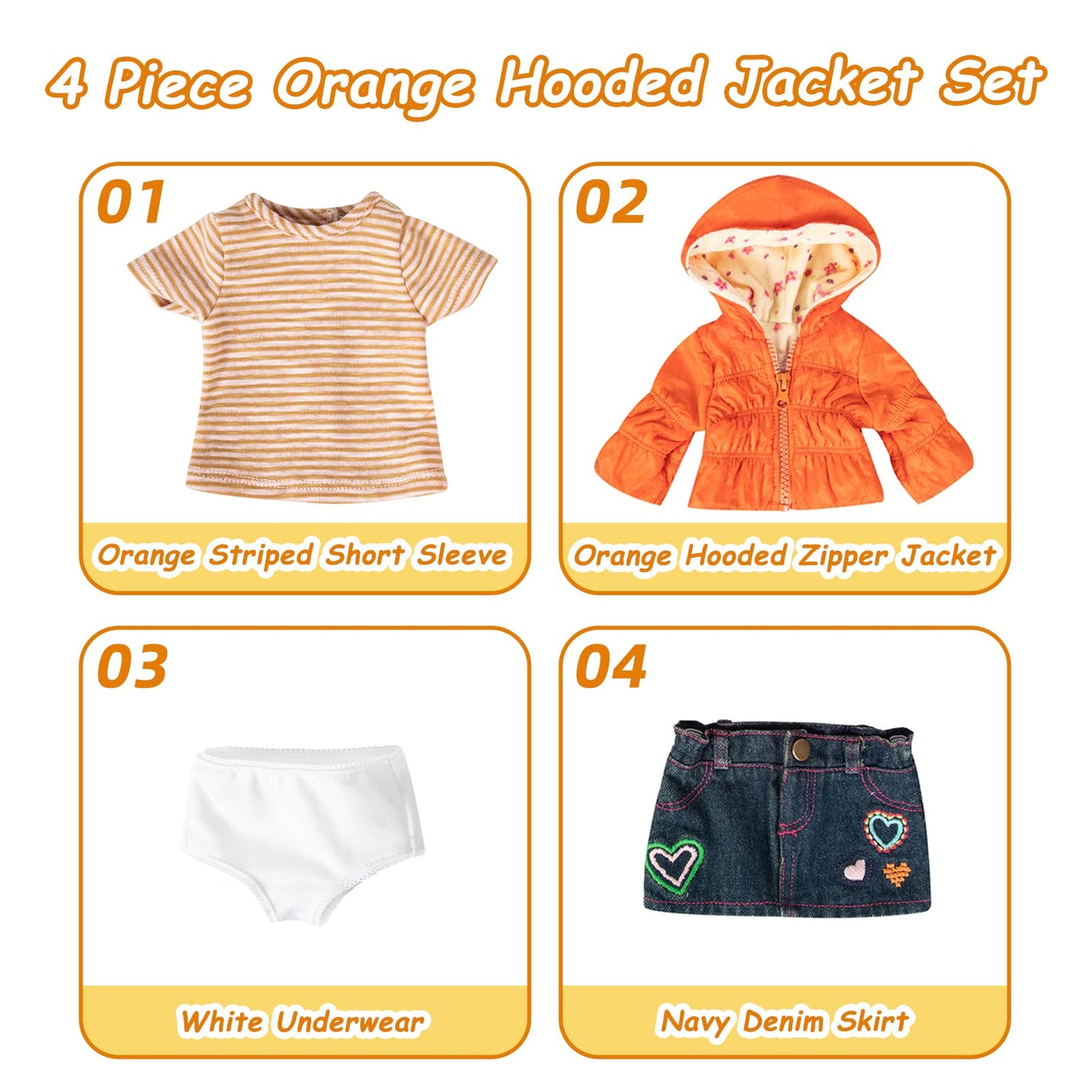 Rakki Dolli Doll Clothes Set Fashion 4 Pieces Includes Warm Hooded Coat, T-Shirt, Jeans Skirt & Underpants, Handmade Party Dress Casual Wear Fits 18 Inch American Girls Dolls 004