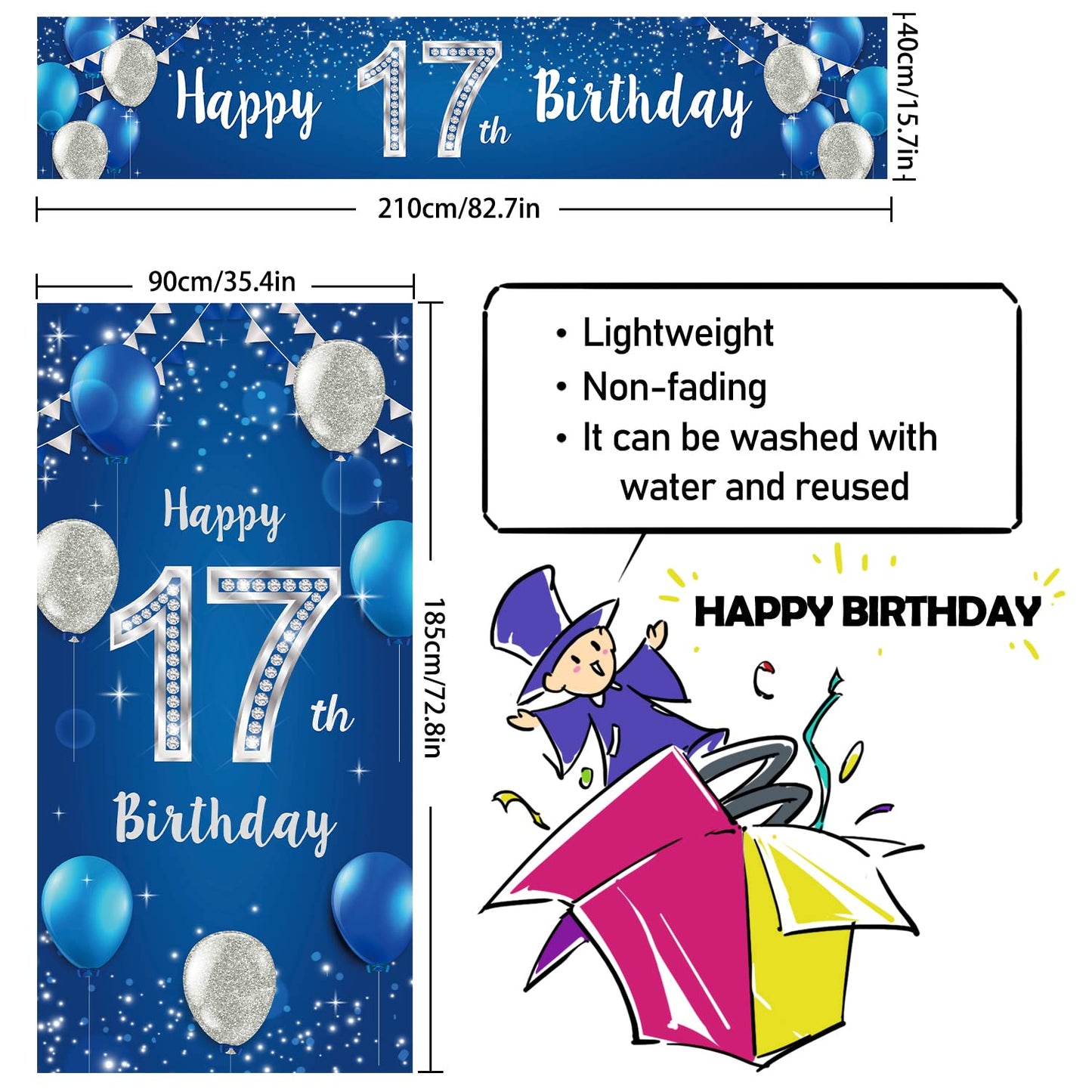 Happy 17Th Birthday Door Cover Porch Banner Sign Set - 17 Years Old Birthday Decoraions Party Supplies For Men - Blue