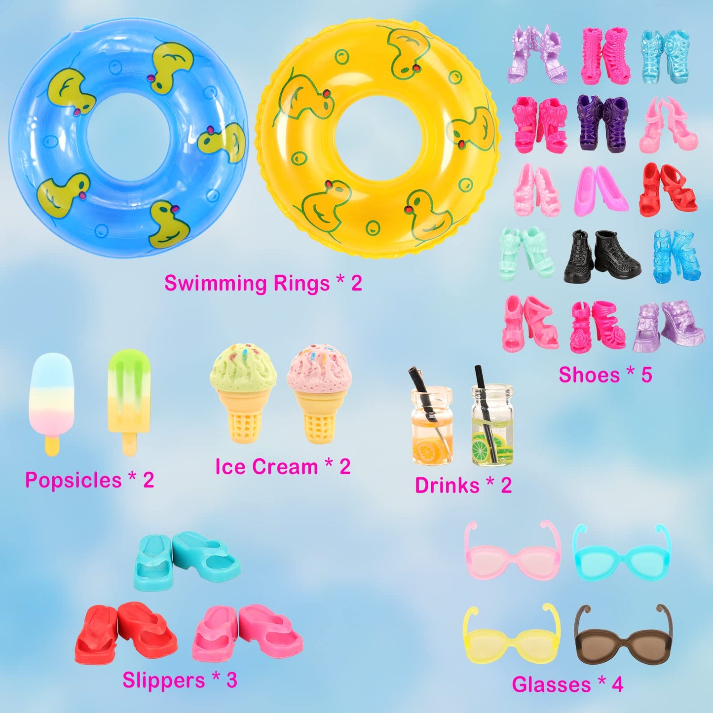 Lot 26 Pack Doll Clothes and Accessories Beach Bathing Set Including 5 Swimsuit 1 Bathrobe 2 Swimming Rings with 18 pcs Glasses Shoes Drinks for 11.5 inch Girl Dolls