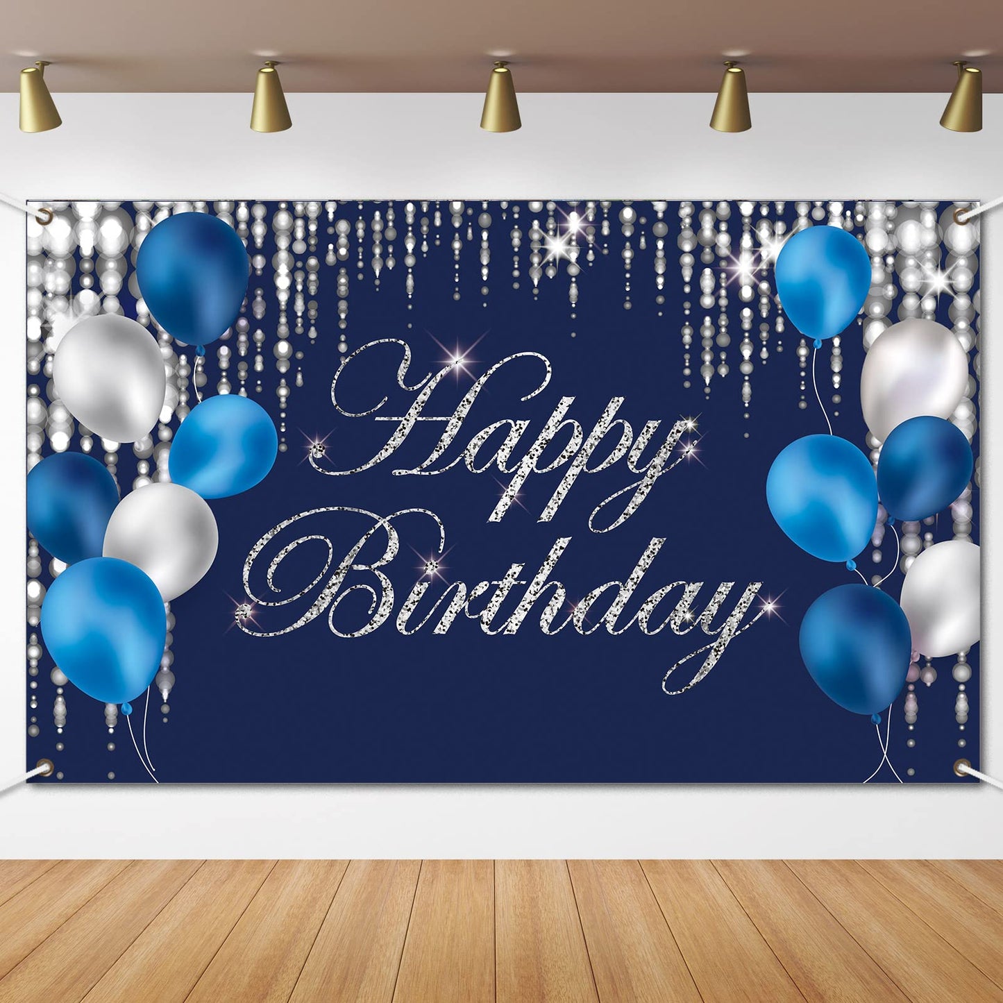 Blue Silver Happy Birthday Decorations Blue Birthday Banner Backdrop Large Happy Birthday Backgroud Birthday Backdrop Baby Shower Party Indoor Outdoor Decorations Supplies For Men Women Boys Girls