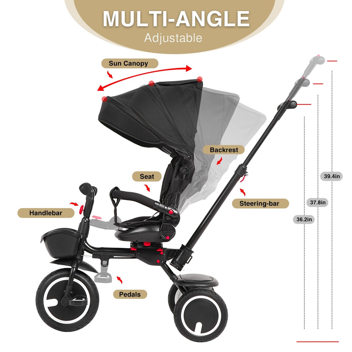Baby Tricycle, 6-in-1 Folding Kids Trike with Removable Push Handle, Rotatable Seat, Adjustable Canopy, Storage Box, Safety Harn