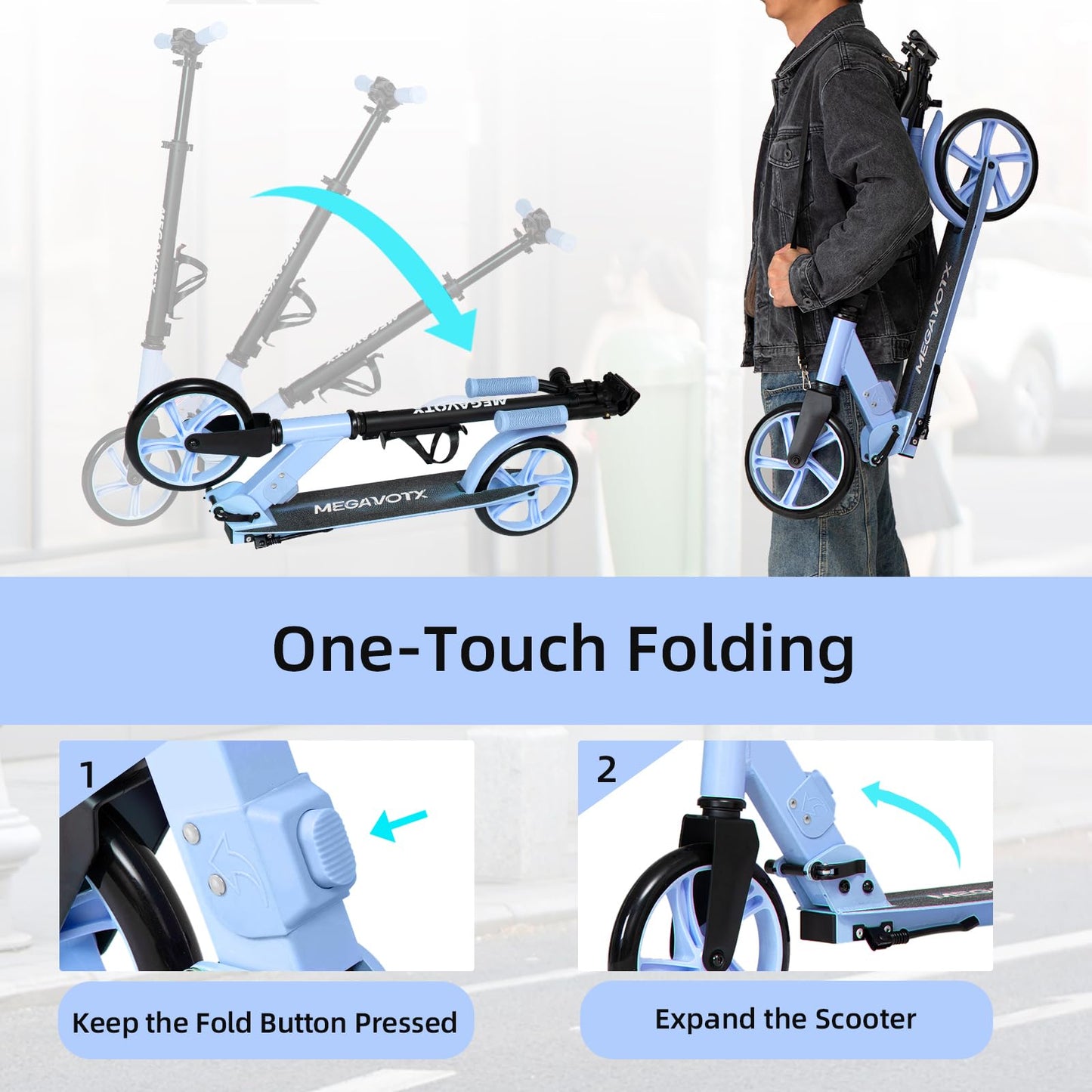 Megavotx Foldable Kids Scooter with 8 inch Sturdy Wheels - Scooters for Kids Teens mature-themeds Ages 6+ Adjustable Handlebar Gift for Boys&Girls 220lbs Max Load Capacity Bearing ABEC7 - (Blue)