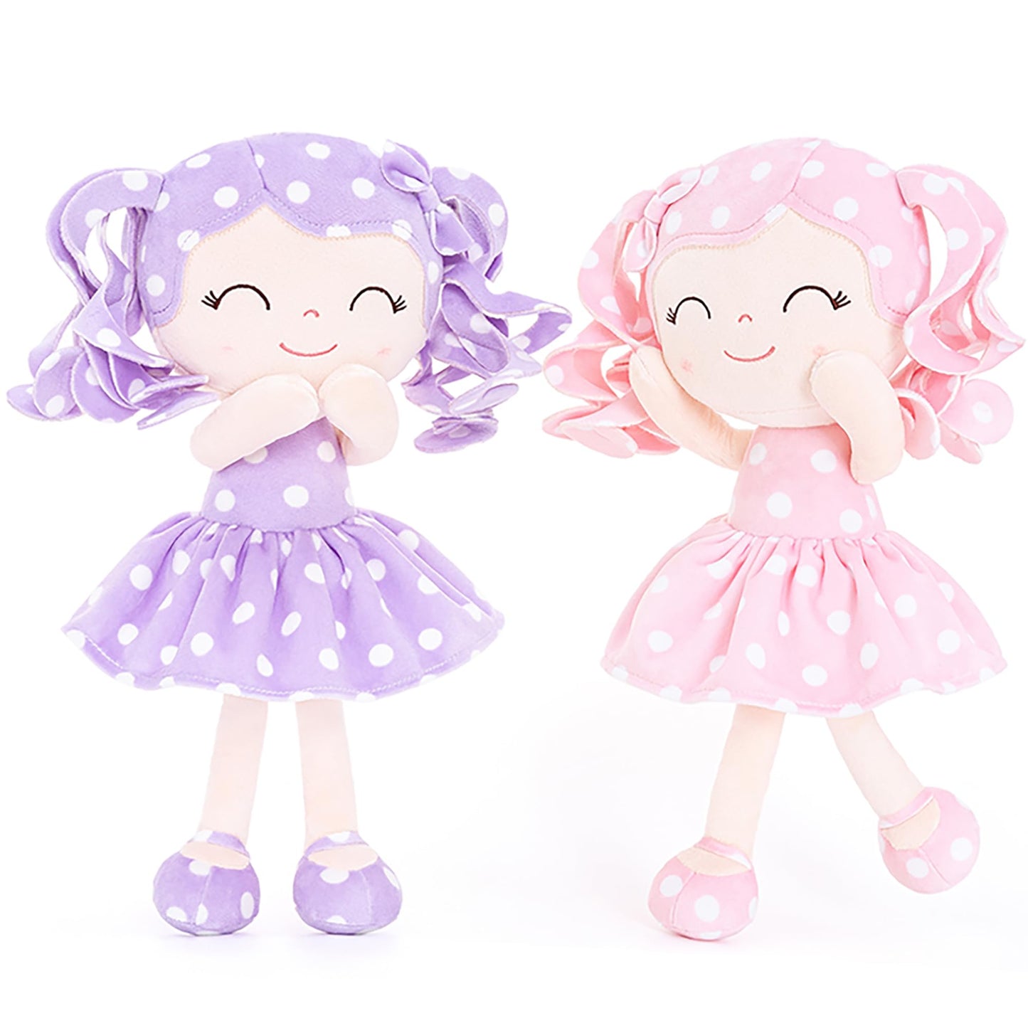 Gloveleya Doll Baby Dolls Plush Baby Doll My First Baby Doll Rag Doll Soft Doll Baby Girl Gifts Curly Hair Purple Pink Polka Dots Dress 12Inches