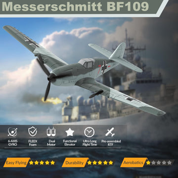 Anburi Rc Plane, 3 Channel Bf - 109 Remote Control Airplane, 2.4Ghz & 6 Axis Gyro Stabilizer, 2 Batteries Included, Ideal For Ad