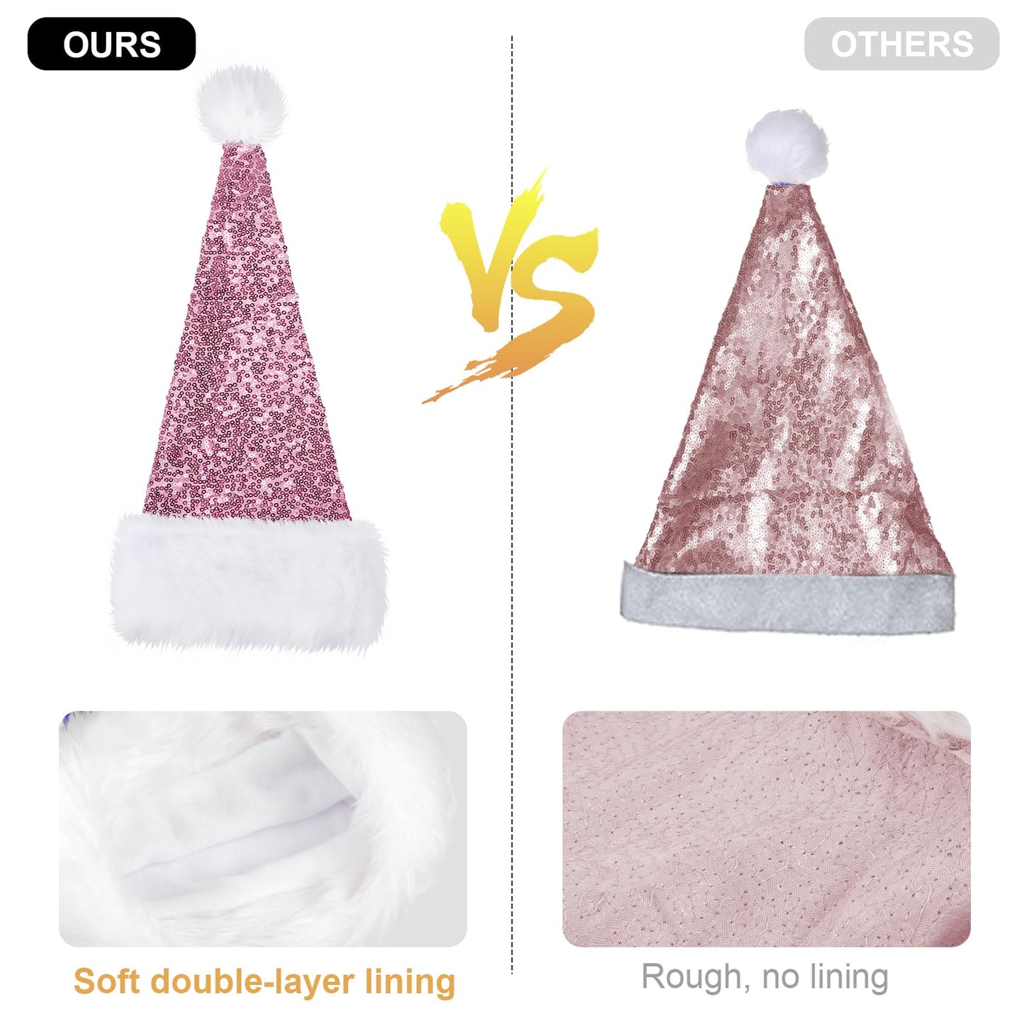 Geyoga 4 Pieces Christmas Santa Hats Xmas Shiny Sequin Santa Hats for Adults Long Christmas Cap Women Men Party Supplies(Pink)