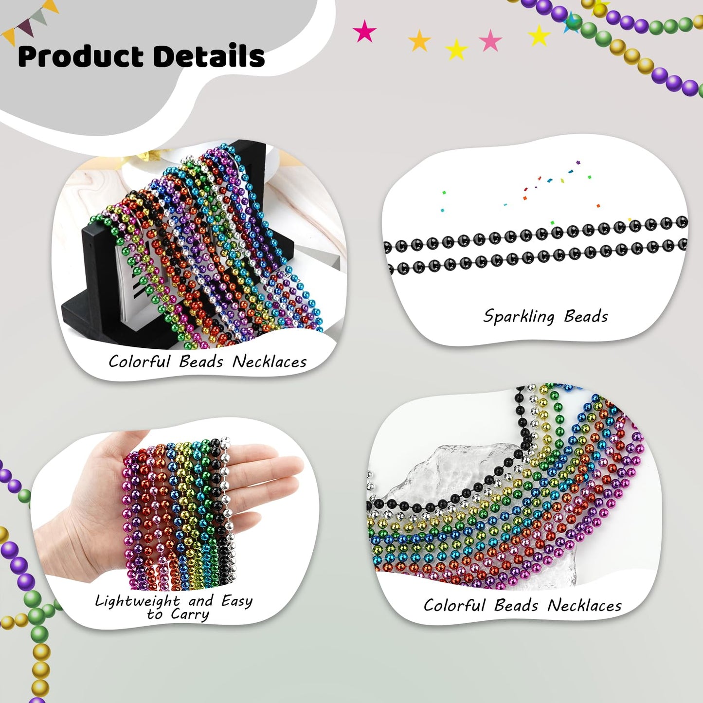 SHAOQINLIN 24 Pcs 33 Inch 7 mm Metallic Black Bead Necklaces, Mardi Gras Party Beads Necklace Bulk Round Halloween Beaded Neckla