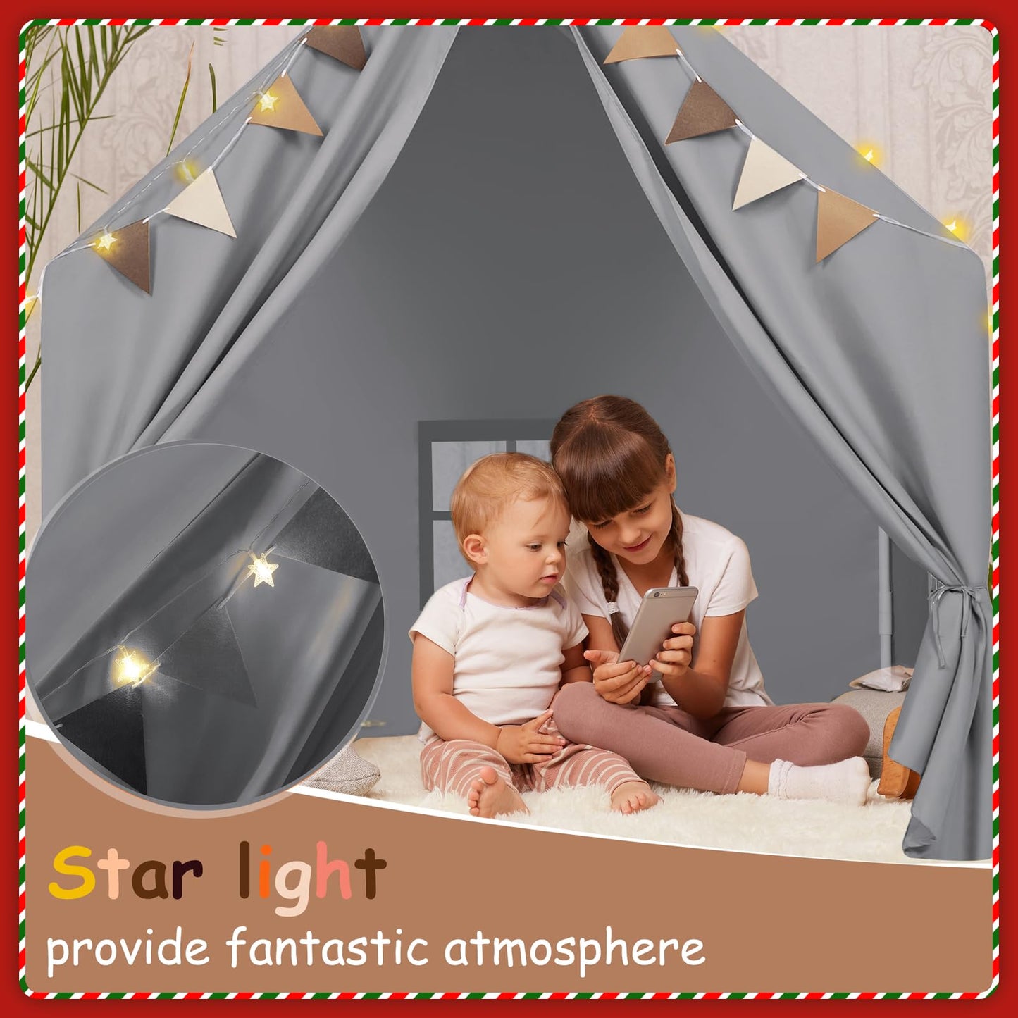 Moriteck Kids Play Tent With Padded Mat & Star Led Lights For Ages 4-8-10 Year Old Girls Boys, Large Cute Indoor Play Room House