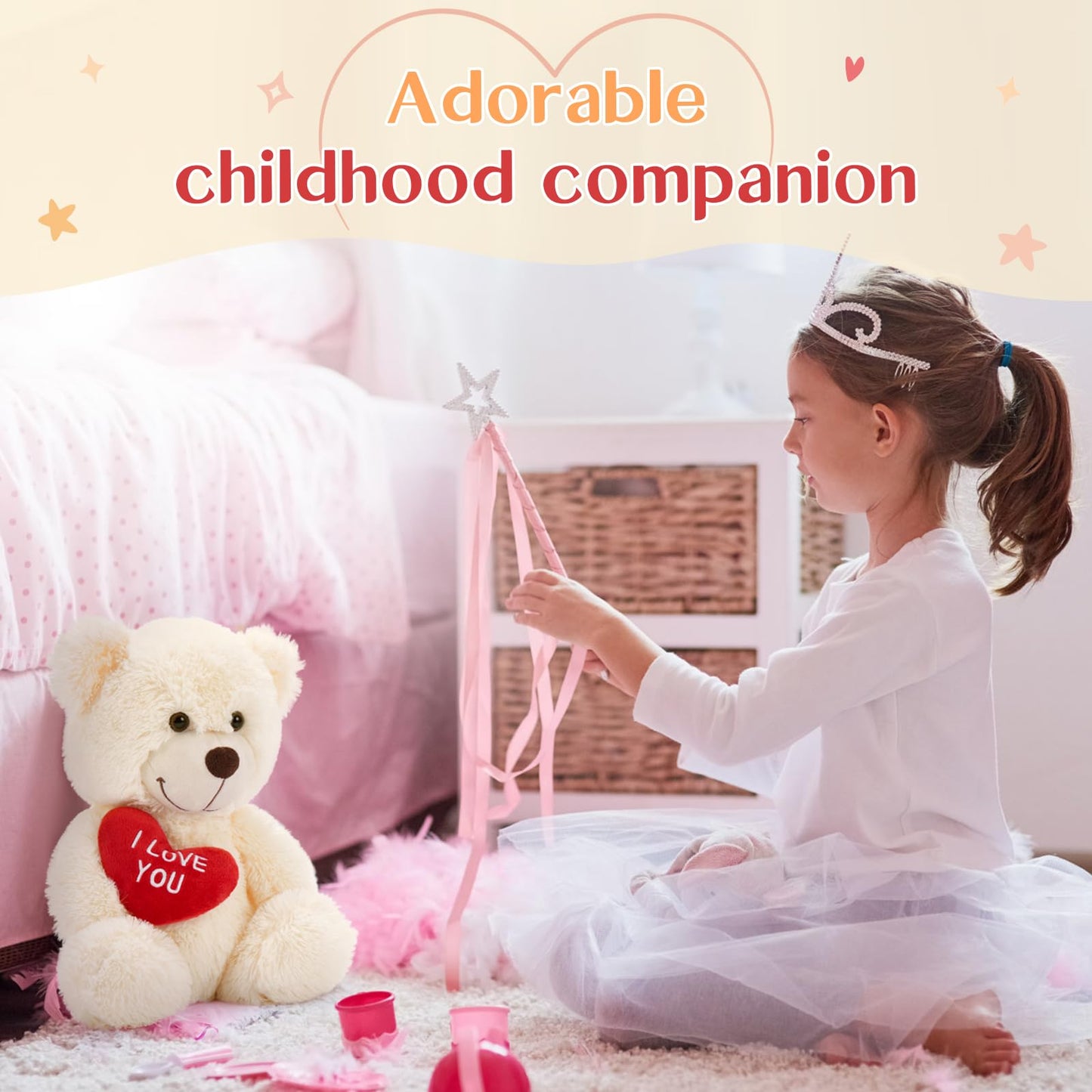 Beniny 12'' Teddy Bear With Heart, Cute Cream Teddy Bear Stuffed Animals For Valentines Day Soft Bear Plushie Toy Stuffed Bear P