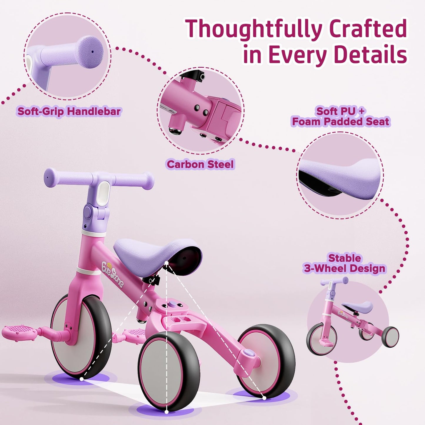 EveStone 5-in-1 Toddler Balance Bike & Tricycle, Learn-to-Ride Toy for 18 Months to 4 Years, Outdoor & Indoor Ride-On for Gross