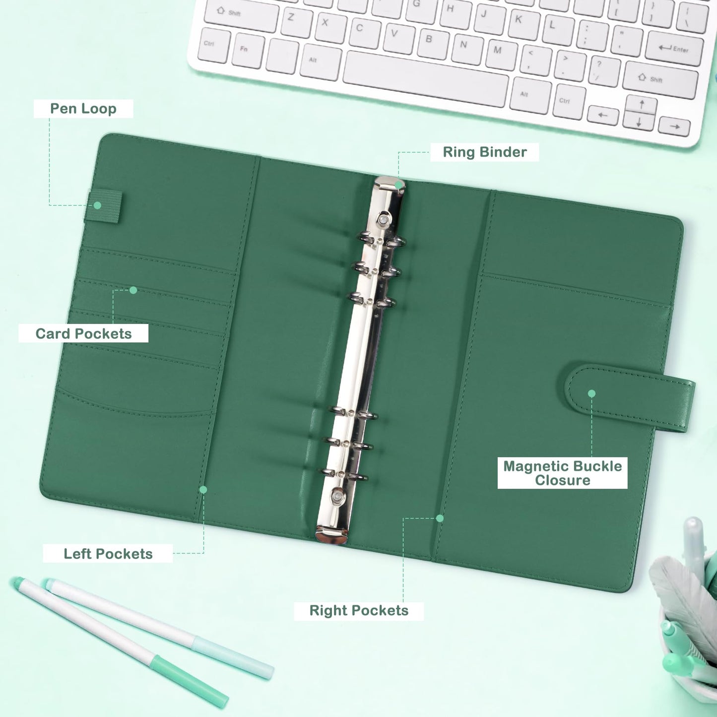 A5 Photocard Holder and Binder PU Leather 6-Ring Album with Magnetic Closure Includes 30 Pack 4-Pocket Pages for 240 Cards Card Holder for Kpop Trading and ID Cards (Forest Green)