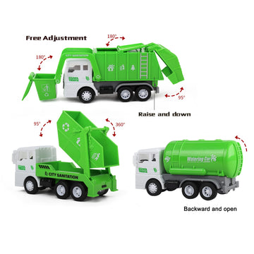 FIVEDAOGANG Toy Vehicles Set 3 Pack Sanitation Truck Car Model Garbage Trucks Water Tanker Playset with 8 Signpost Friction Powe