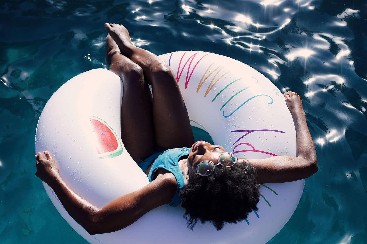 Rae Dunn x CocoNut Float Colorful Happy Summer Theme Ring Float - mature-themed Size Large 48 Inch Inflatable Raft & Durable Water Inner Tube - Stable Ride-On for Summer Parties & Swim Events