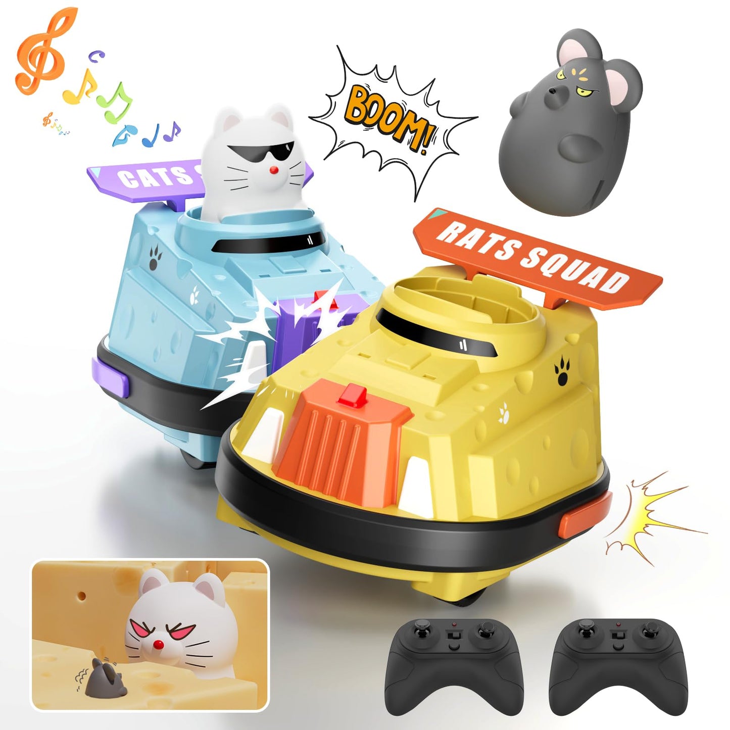 deependo 2 Pack Remote Control Car, RC Ejecting Bumper Car for Kids, Cat and Rat War Cheese Bumper Car, Car Toys for Ages 5-7, C