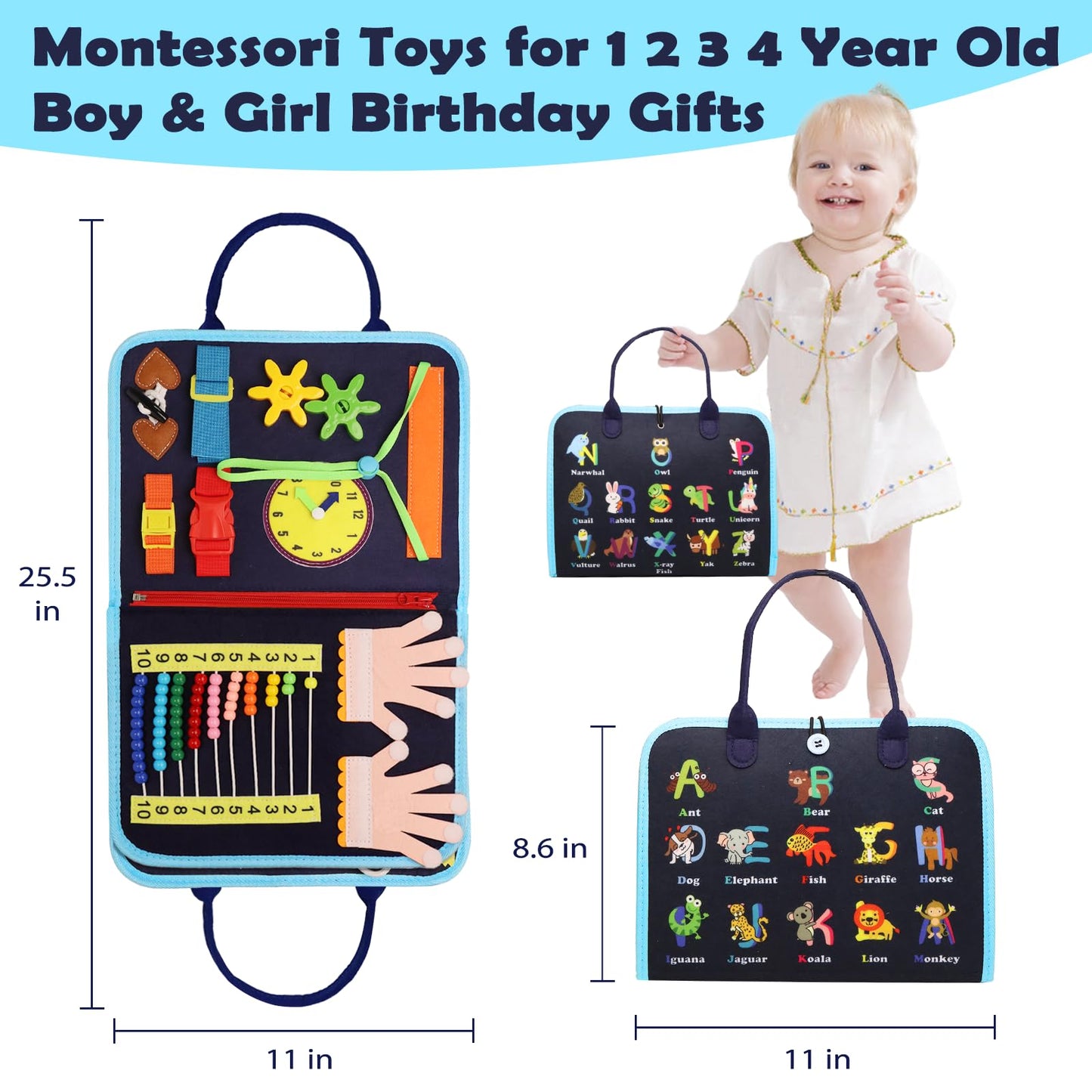 Majavi Busy Book For Toddlers 1-3, Montessori Toys Busy Board For 1 2 3 4 Year Old Boy Girl Birthday Gift - 5 In 1 Quiet Activit