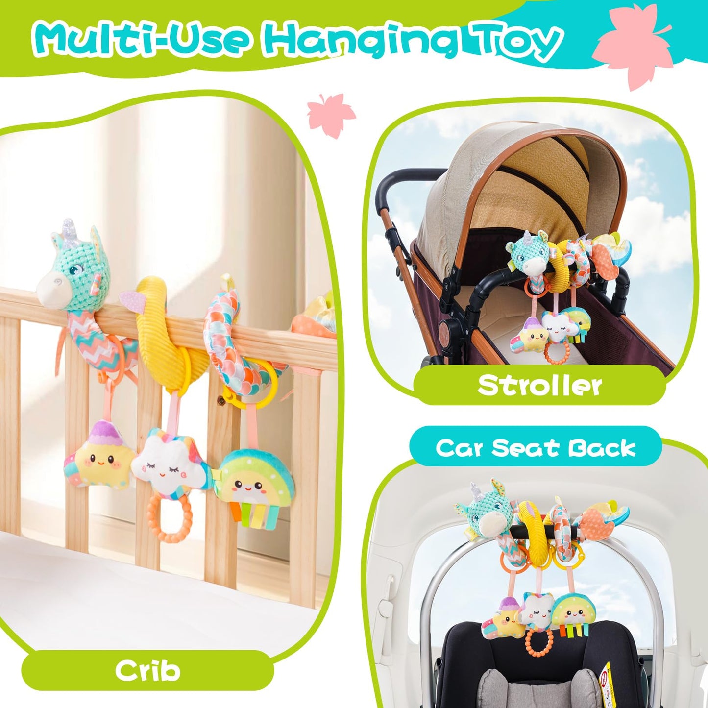 Car Seat Toys For Babies 0-6 Months, Hanging Spiral Stroller Toys, Infant Newborn Brain Development With Music Crinkle Teether R