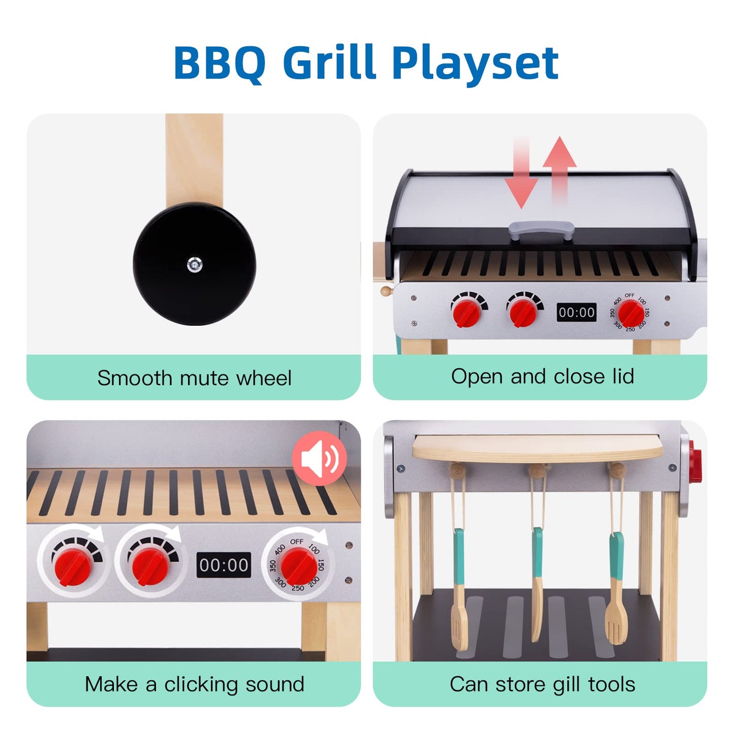 OOOK Wooden Play Barbecue Toy Grill, Kids Grill Playset with Play Food and Grilling Tools, Play Kitchen Accessories for Toddlers
