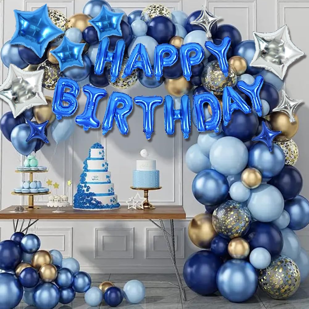 Toniful 35Pcs Blue Happy Birthday Decorations 16 Inch Happy Birthday Balloon Banner With Star Balloons Mylar Foil Birthday Party