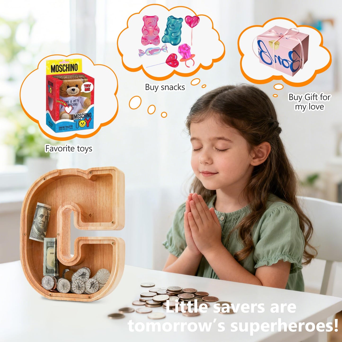 Wooden Letter Piggy Bank for Kids Initial Coin Bank for Boys and Girls First Name Personalized Savings Bank for Birthday Boys Girls Gift Piggy Bank for Kids (Wood S9-C)
