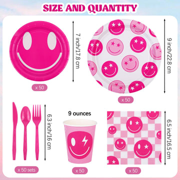 Durony 350 Pcs Preppy Birthday Decorations 50 Guest Disco Cowgirl Party Supplies Pink Smiley Face Paper Plate Cup Napkin Cutlery