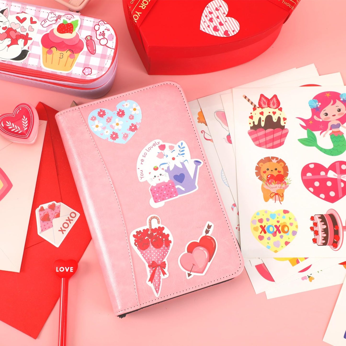 MARFOREVER 200 Pcs Valentines Stickers Love Heart Stickers for Kids Valentines Day Stickers Bulk Vinyl Waterproof Stickers for G