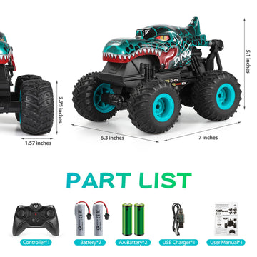 Dyodyorc Remote Control Car, 2.4Ghz All Terrain Dinosaur Monster Truck Toys, Rc Truck With Music, 3 Lighting Effects, 360 Stunt