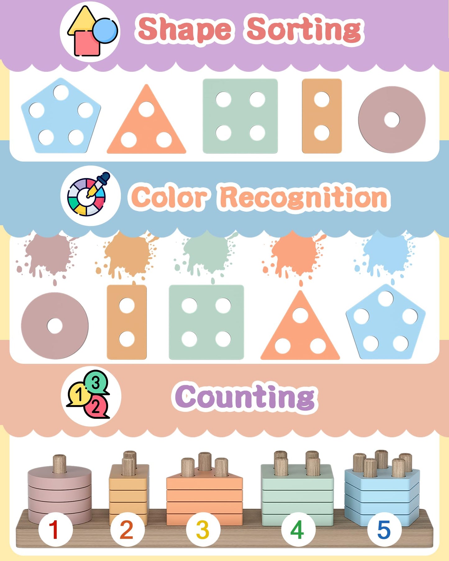 Montessori Toys For 1 2 3 Year Old Boys Girls, Wooden Sorting & Stacking Toys Puzzles For Toddlers 1-3, 1 2 Year Old Girl Boy Bi