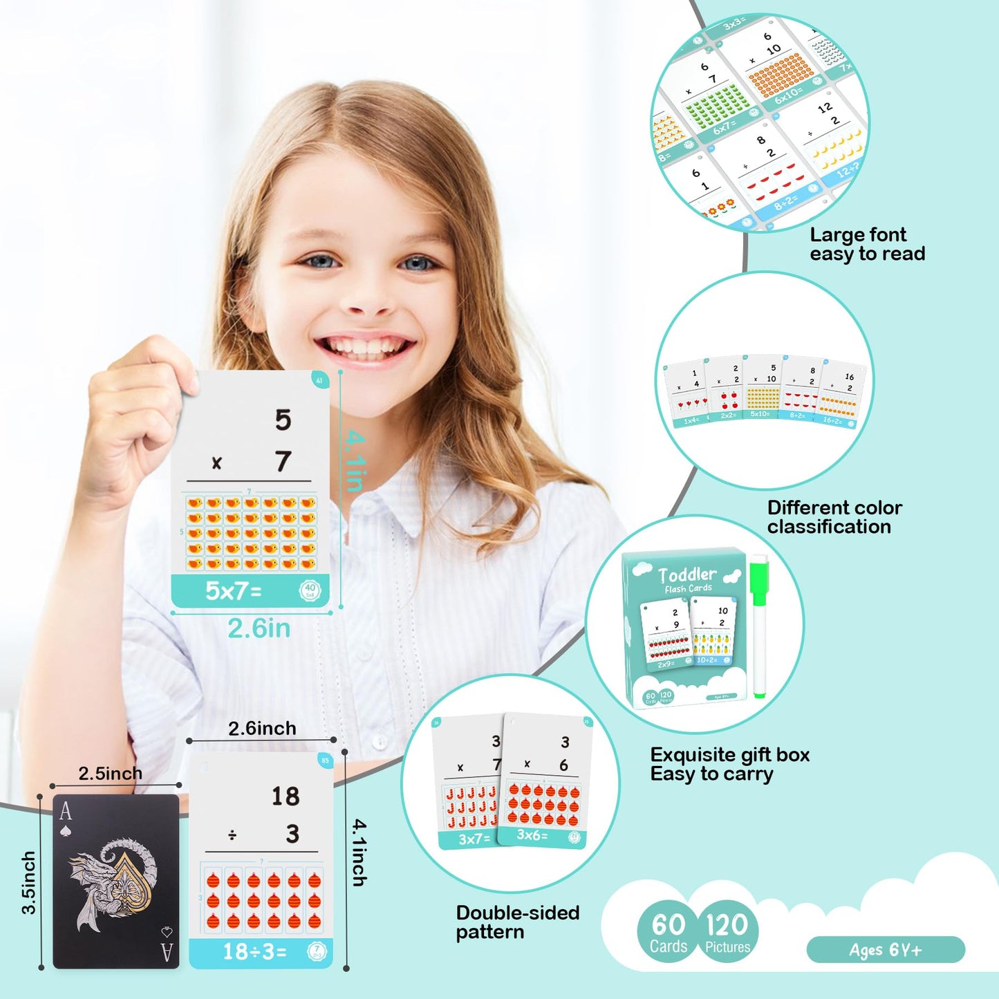 60 Cards, 120 Pictures Educational Math Flash Cards, Multiplication Flash Cards, Division Flash Cards For Toddlers 7,8,9,10,11 Years For 2Ed, 3Rd,4Th,5Th, 6Th Grade Studends.
