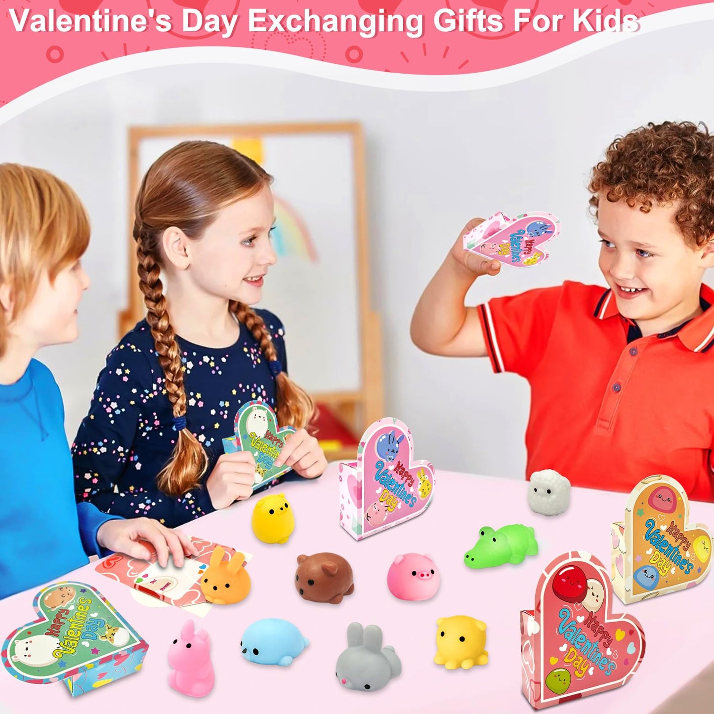 28 Pack Valentines Day Gifts Animals Mochi Squishies Toys With Heart Boxes Valentines Cards For Kids School Classroom Exchange S