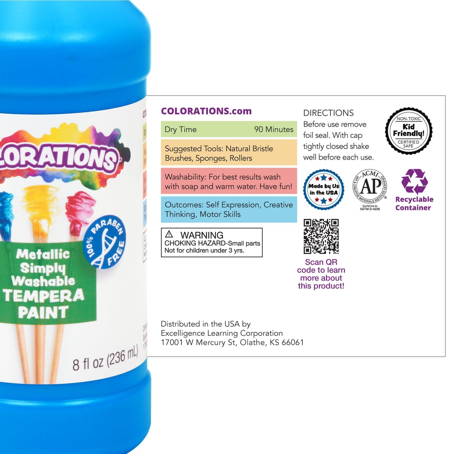 Colorations Paraben-Free Metallic Simply Washable Tempera Paint- Set Of 6, 8 Oz. Each