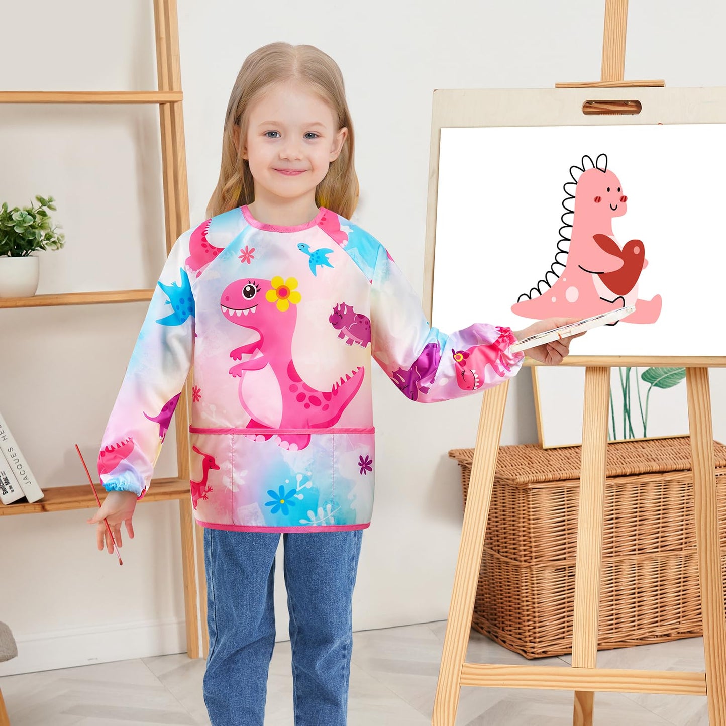 Wernnsai Dinosaur Art Smock- Girls Toddler Smocks For Kids Waterproof Apron Long Sleeve Kids' Artist Smocks Painting Apron For Kids Artist Apron For Age 3-8 Toddler Apron With 3 Pockets