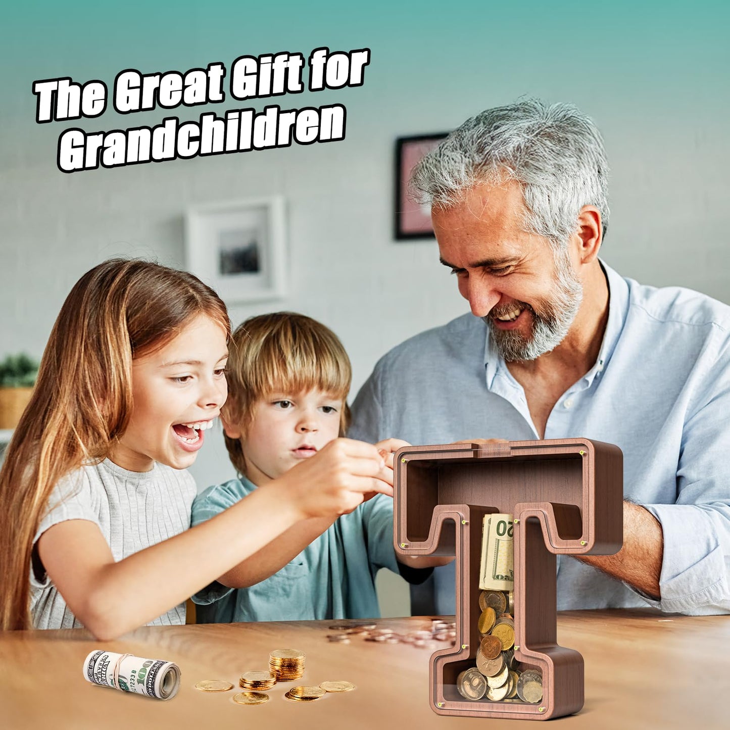 Summidate Wooden Letter Piggy Bank Extra Thick Large Capacity Piggy Bank for Kids Boys Girls Toddler Alphabet T Money Bank| Coin Box Birthday Christmas Festival