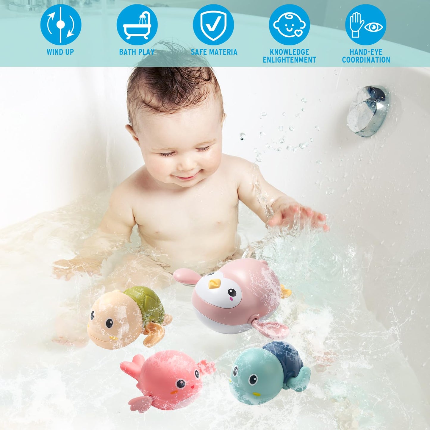 Baby Bath Toys For Toddlers 1-3, 4 Pack Floating Wind-Up Swimming Toys For 1-5 Year Old Kids Boy Girls, Bathroom Shower Water To