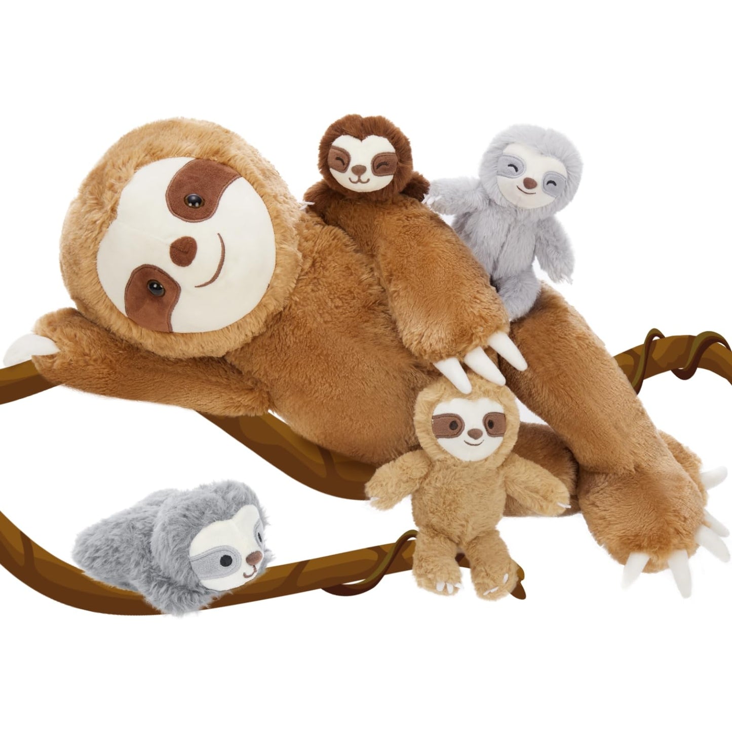 Tezituor Sloth Stuffed Animal Set,5 Pcs Sloth Plush Toy 22 Inch Large Mommy Stuffed Sloth With 4 Babies, Soft Cute Sloth Toys For Girls Boys, Brown