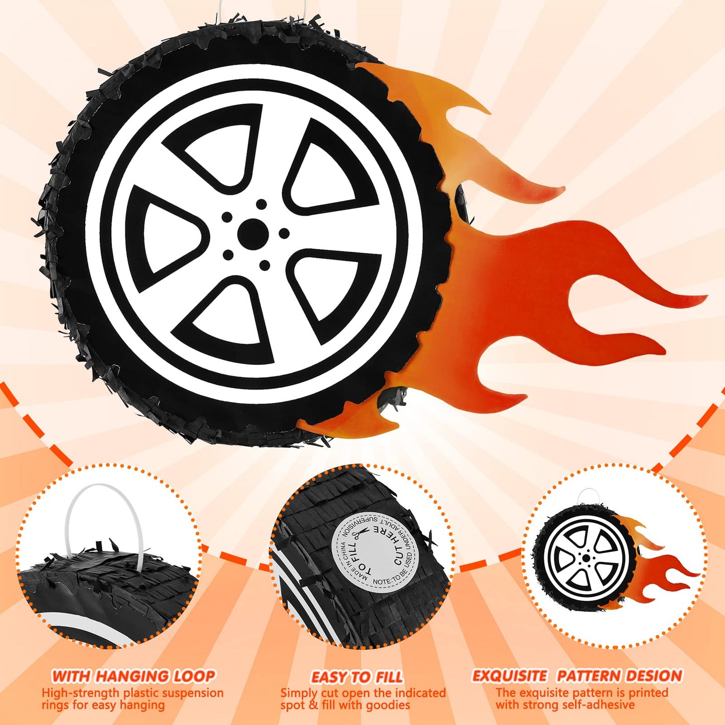 Meooeck Car Wheel Pinata - 12.9" Red Cardboard Race Car Birthday Party Decoration, Baby Shower Supplies