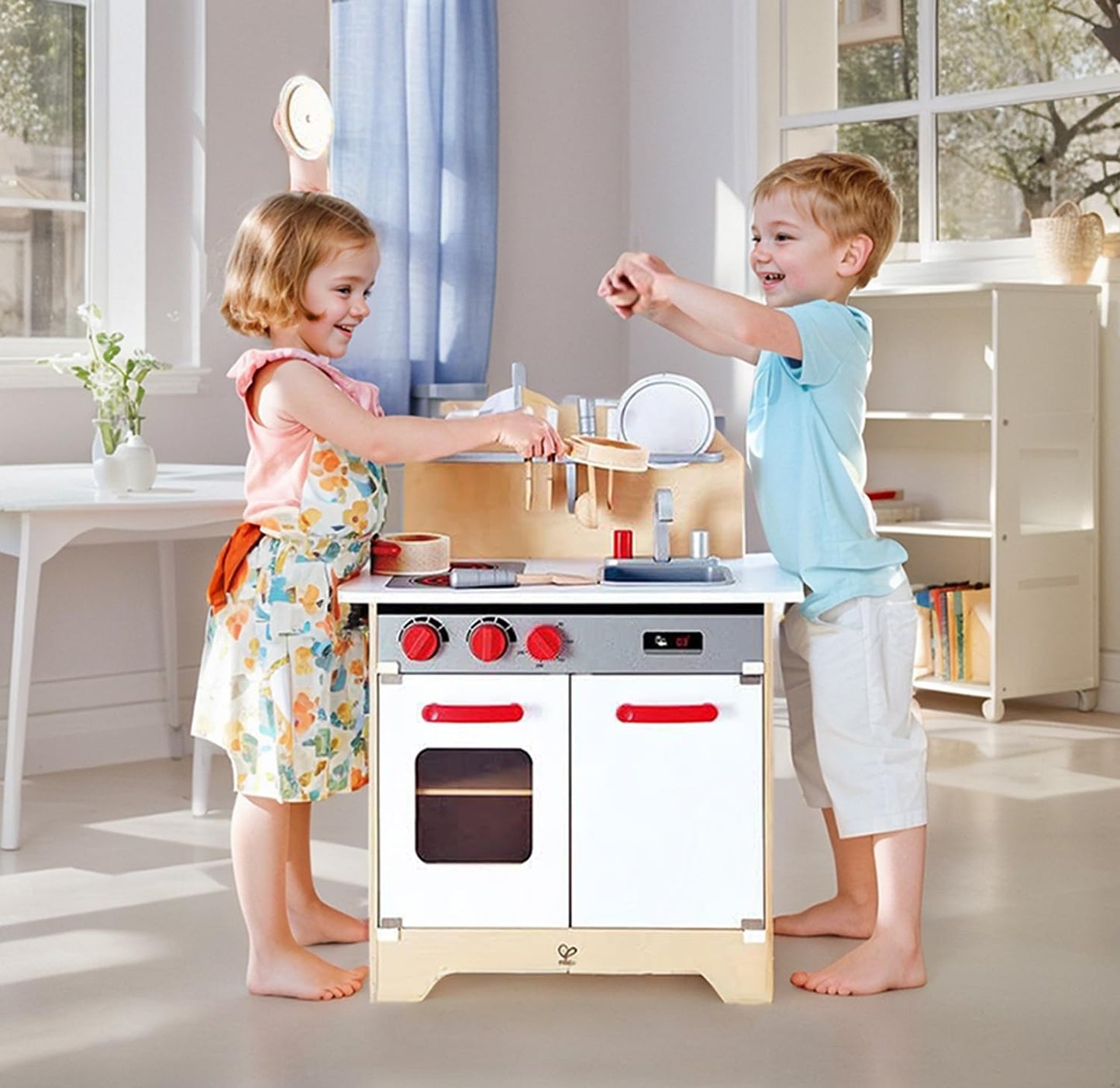 Hape Gourmet Kitchen Toy Fully Equipped Wooden Pretend Play Kitchen Set with Sink, Stove, Baking Oven, Cabinet, Turnable Knobs &